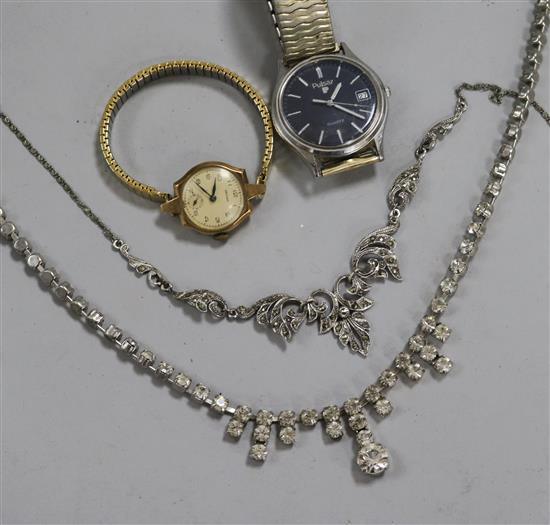 A paste necklace, a marcasite necklace, a ladys 9ct gold watch and a Pulsar watch